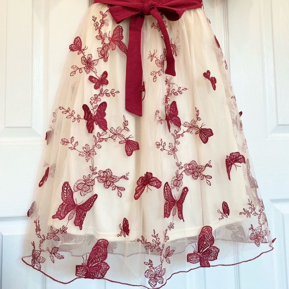 Burgundy Off-Shoulder Butterfly Embroidered Tulle / Mesh Dress, Women Size S - Picture 7 of 10